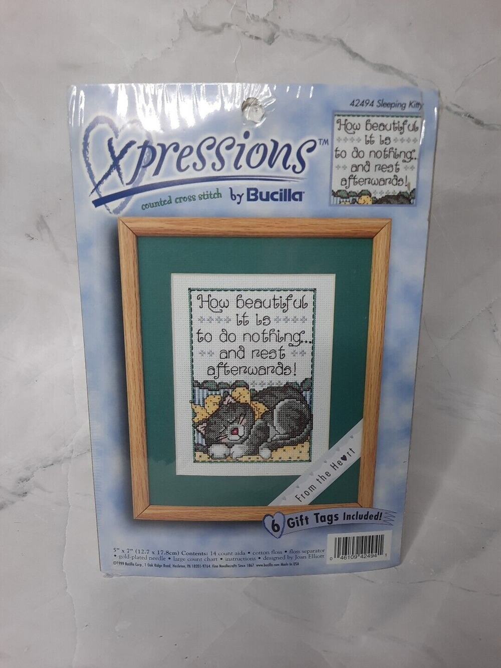 Bucilla Xpressions Counted Cross Stitch Kit Sleeping Kitty 42494 5x7 Vtg 1999